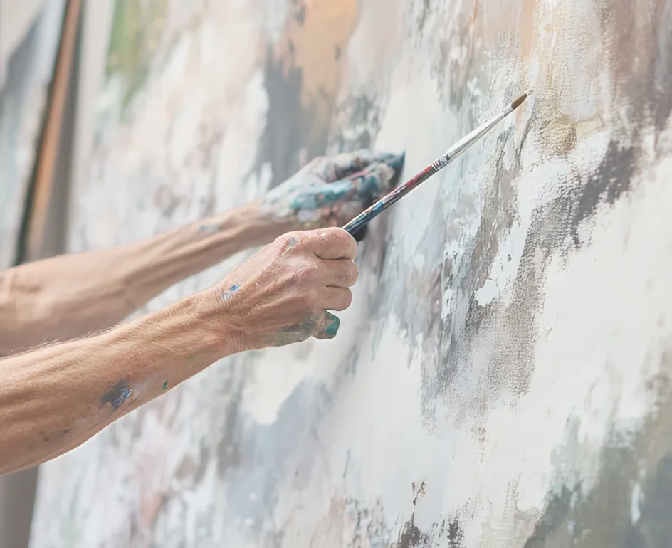Détail des mains d'un artiste peignant une toile