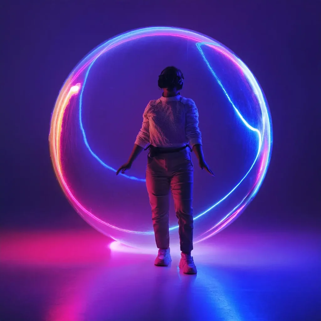 Expérience immersive en réalité virtuelle avec installation lumineuse futuriste.