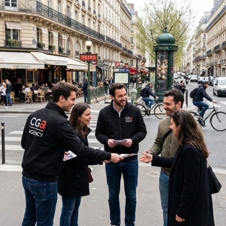 Equipe CGA Agency en distribution de flyers, Paris